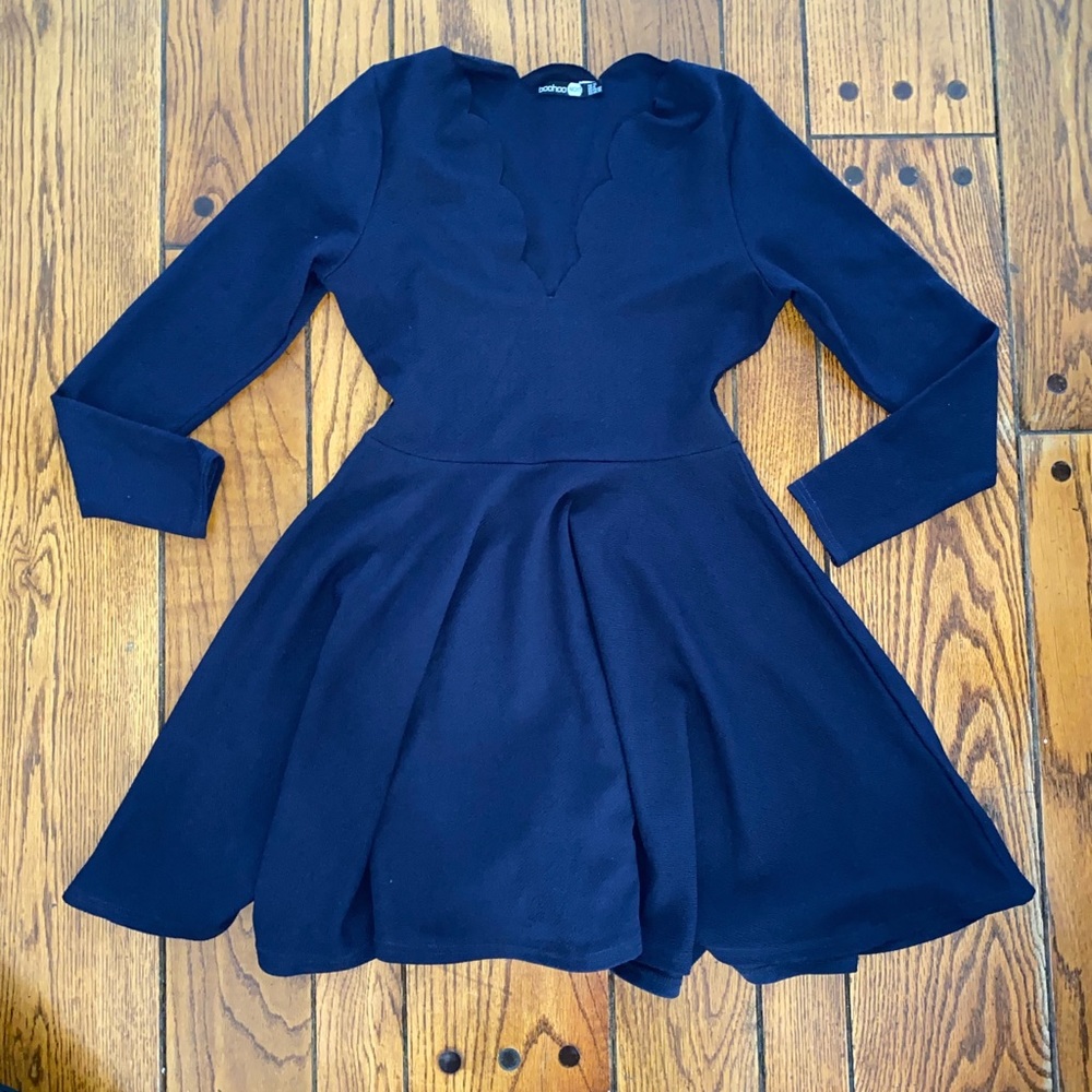 Royal blue scallop neck long sleeve skater dress